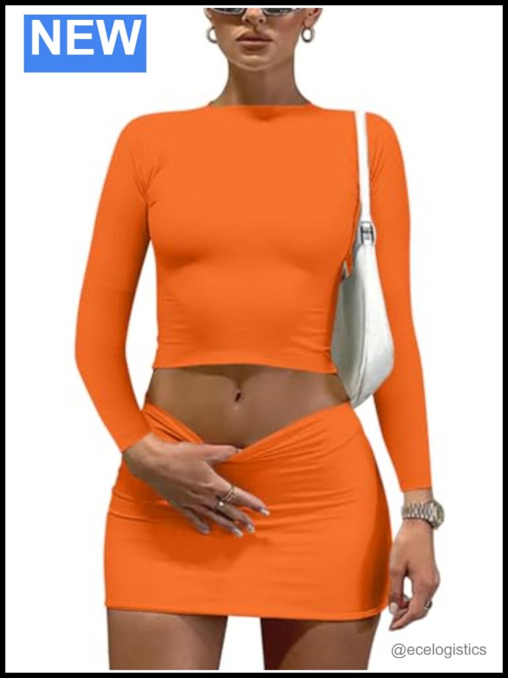 Women's 2 Piece Long Sleeve Crop Top Bodycon Mini Dress - Orange